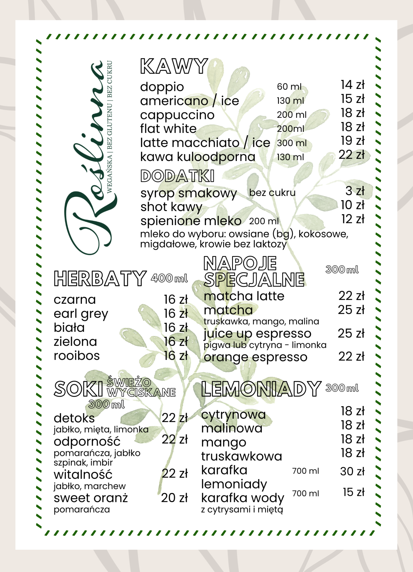 Menu napojów Roślinna – kawa, matcha, herbaty, lemoniady